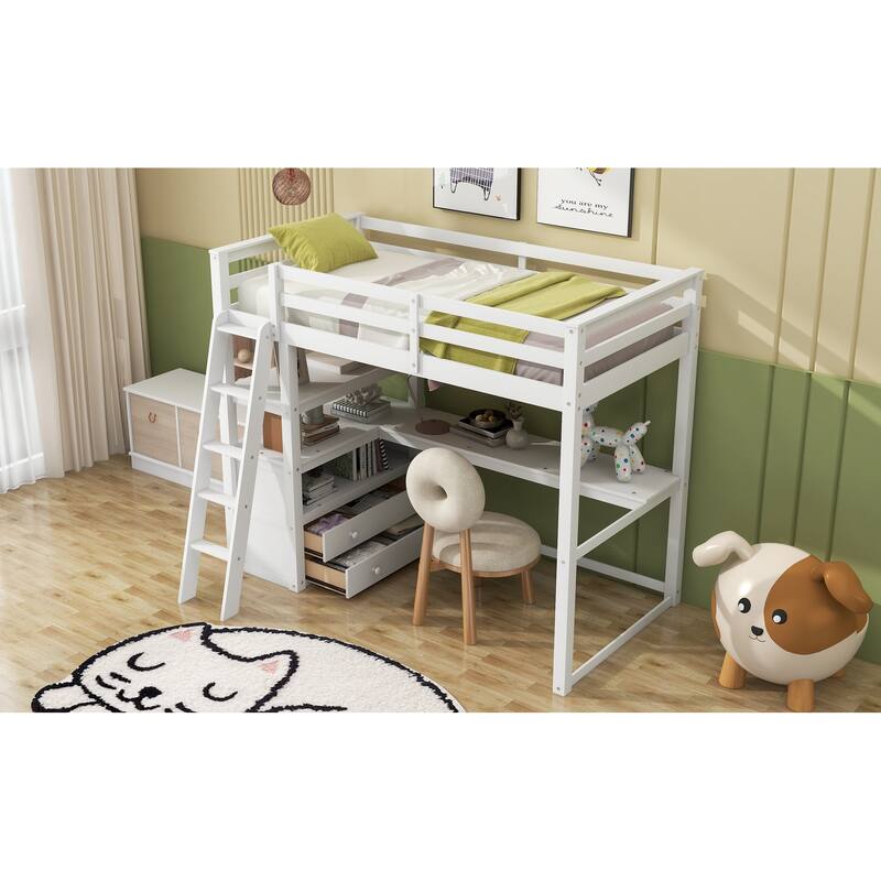 White Loft Bed with Desk and Shelves, Two Built-in Drawers