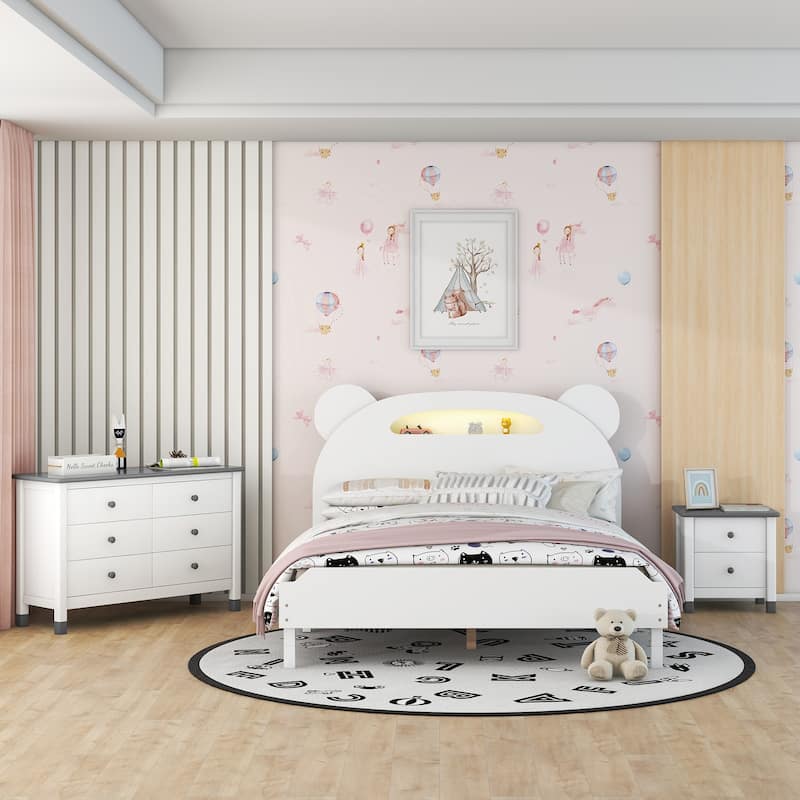 3-Pieces Bedroom Sets Full Size Bear-Shape Platform Bed with Nightstand and Storage dresser