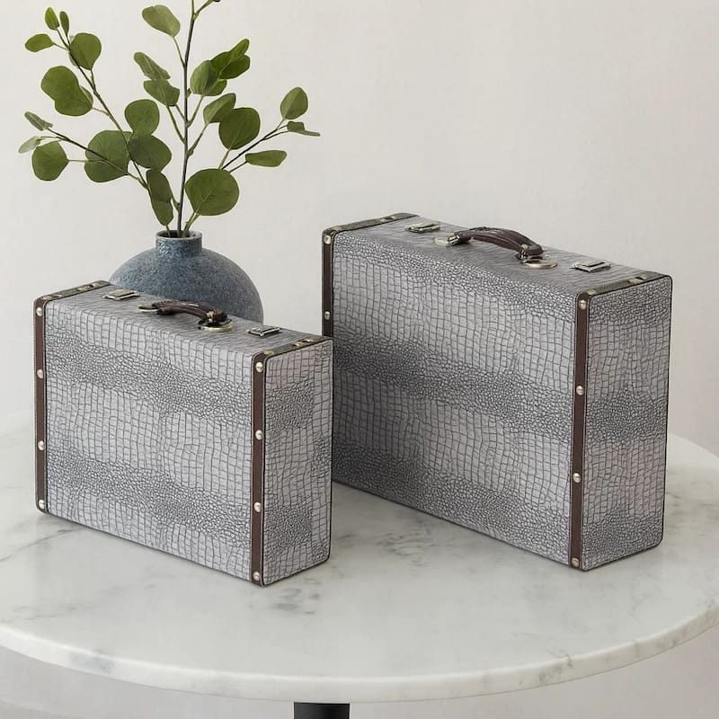 Trunk Style Suitcase with Textured Print Canvas Covering, Gray, Set of 2