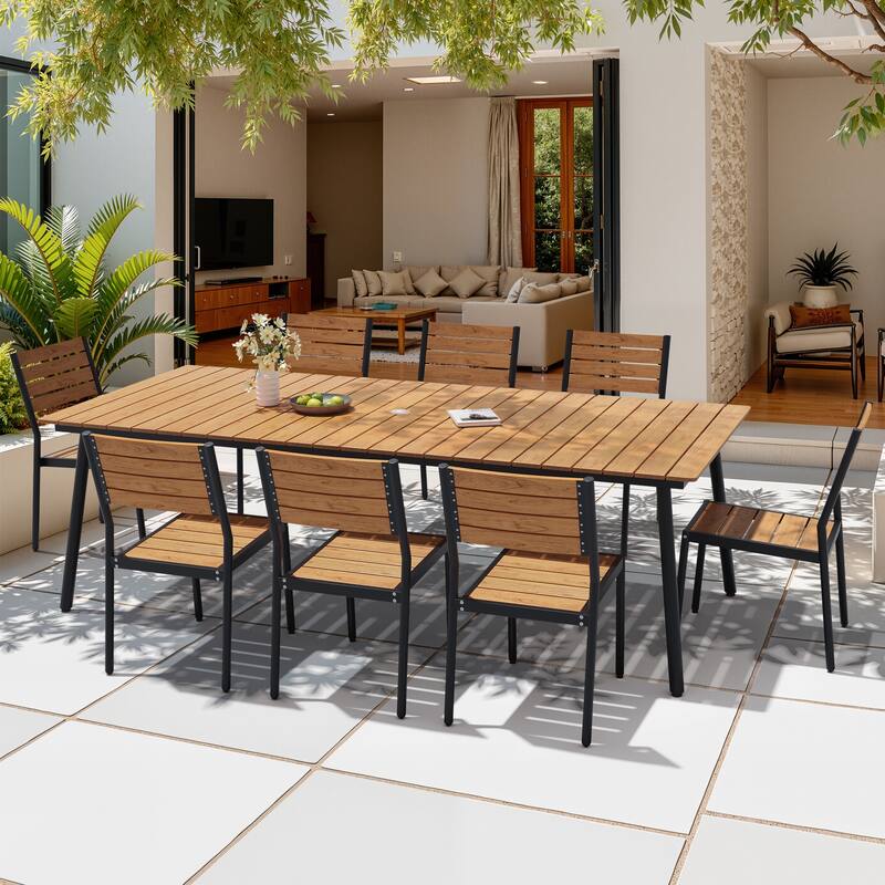 9-Piece Outdoor Patio Dining Set Wood-Like Table Top Alumium Umbrella Hole Table with Stackable Armless Dining Chairs - Brown