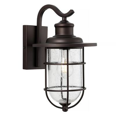 Marais 10.5" 1-Light Iron/Seeded Glass Rustic Industrial Cage LED Outdoor Lantern, Oil Rubbed Bronze by JONATHAN Y