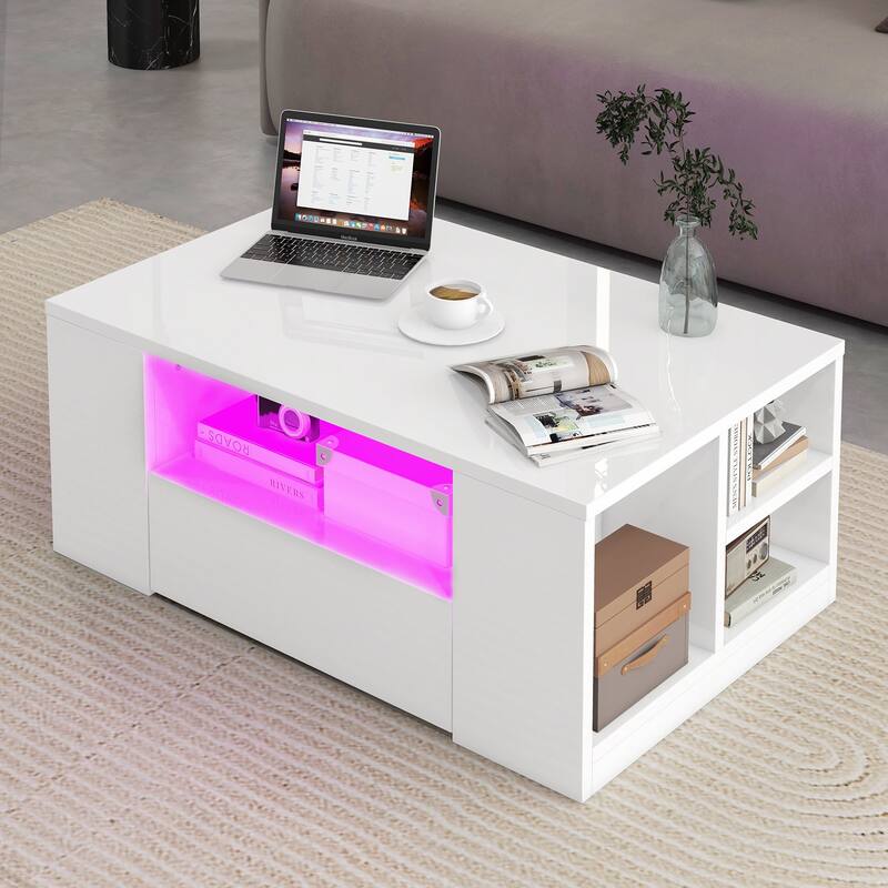 Moasis Modern High Gloss LED Coffee Table with Drawers and Shelves