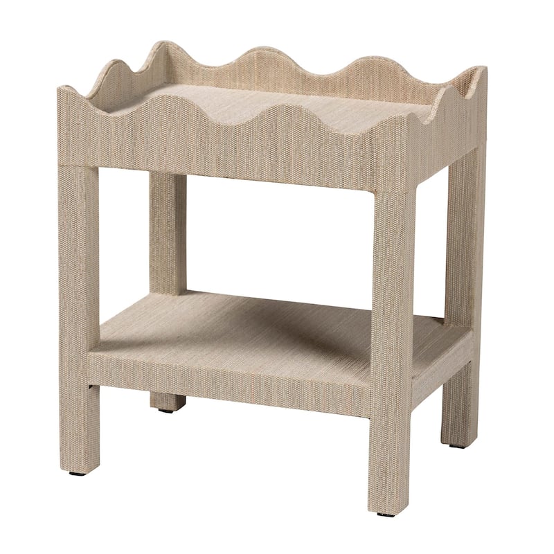 Sebastian Grasscloth Scalloped End Table - 2-Tier Accent Table with Open Shelf Storage for Living Room, Bedroom, or Entryway - Beige