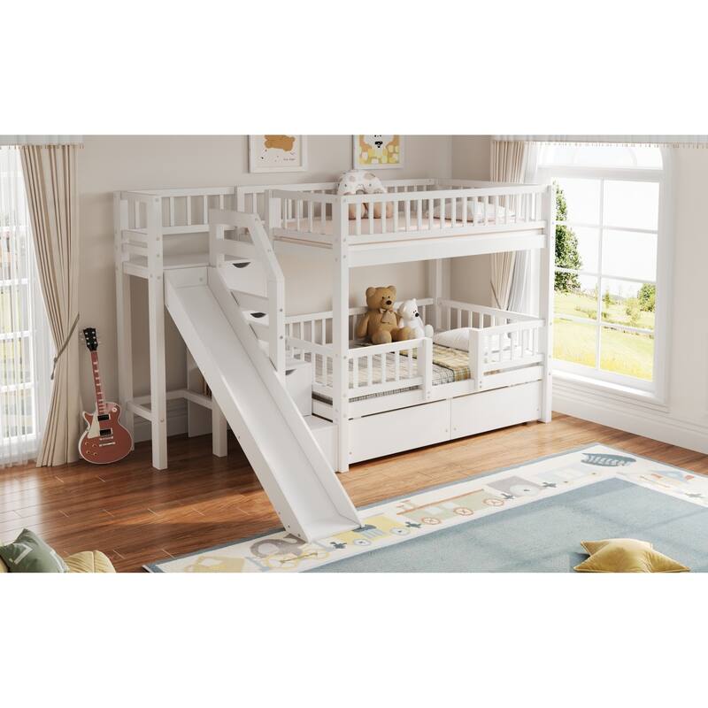 Roomfitters Twin Over Twin Bunk Bed with Slide, Storage Staircase and Drawers