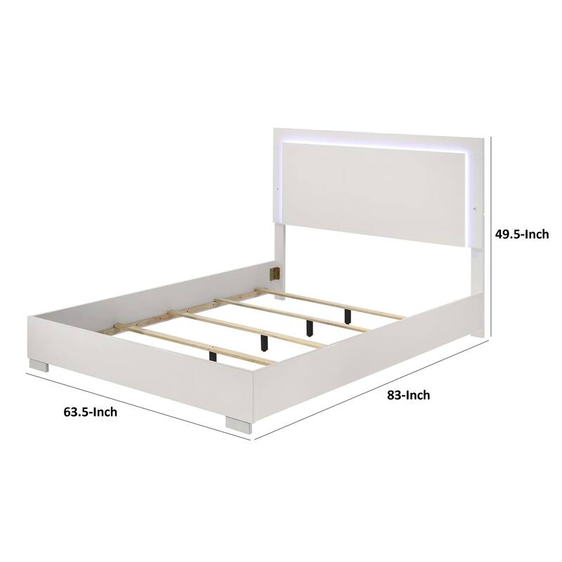 Suni Queen Size Bed w LED on Headboard, White Wood Frame, Chrome Legs