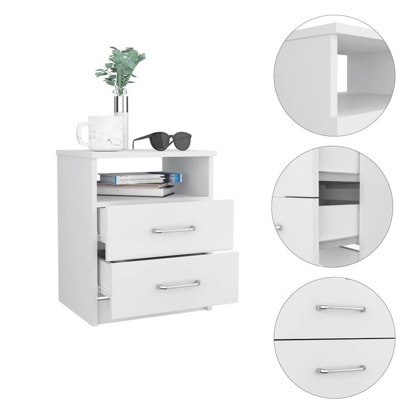 Modern White Nightstand with Two Drawers and Shelf - Compact Side Table for Bedroom or Living Room