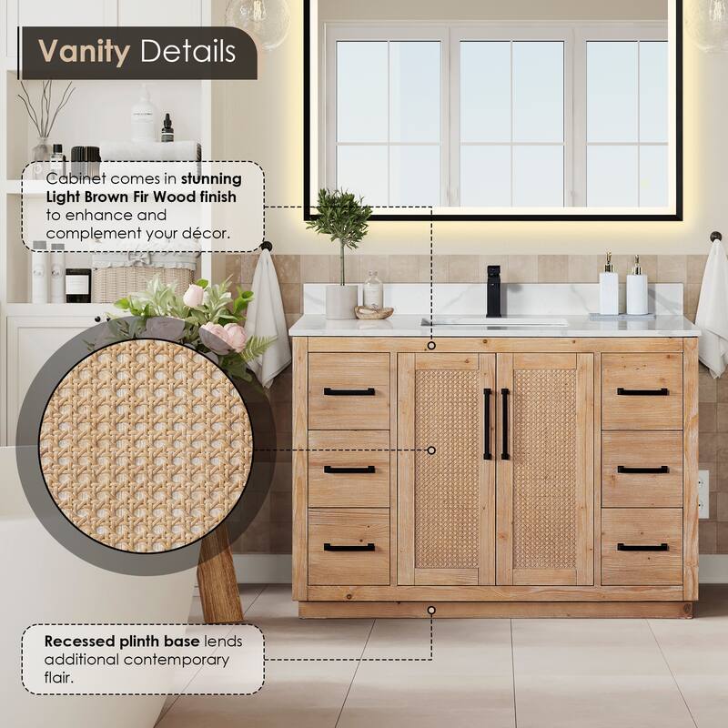 Floral Single Bathroom Vanity in Light Brown with Calacatta White Quartz Countertop without Mirror