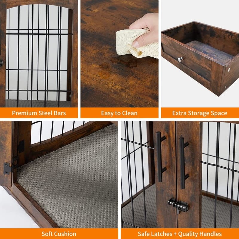 Wooden Dog Crate Furniture with Cushion 3Door Kennel End Table with2 Drawers