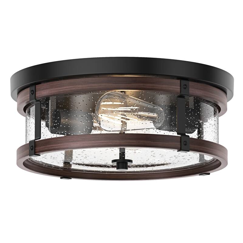Oil Rubbed Bronze 2-Light Flush Mount Close to Ceiling Light with Seeded Glass Shade