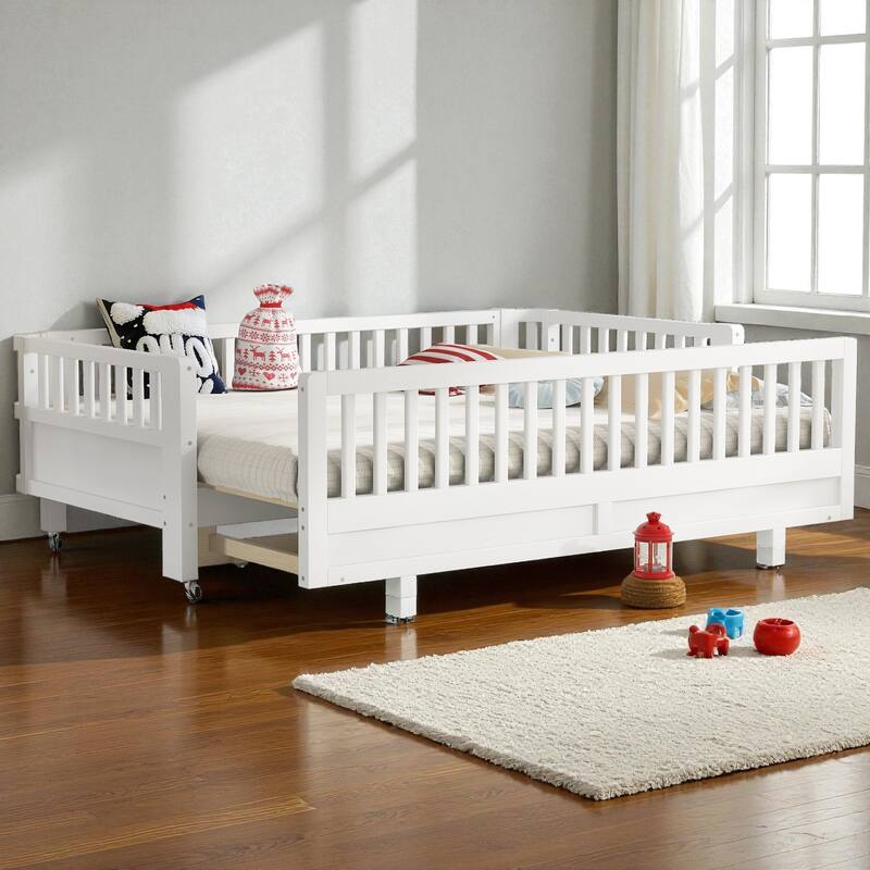 Convertible Twin/Twin XL Solid Wood Platform Bed with Guardrails, Expands to Double Twin or Queen Size, Durable Frame