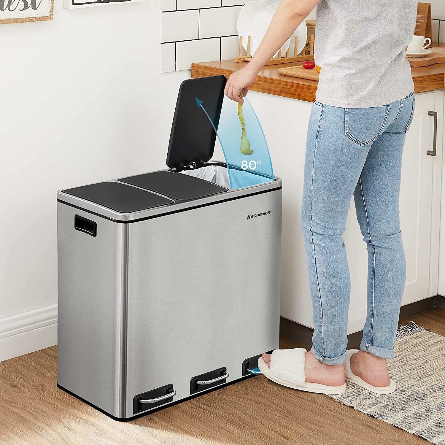 SONGMICS Trash Can, 14.4 Gallon Garbage Can, Stainless Steel