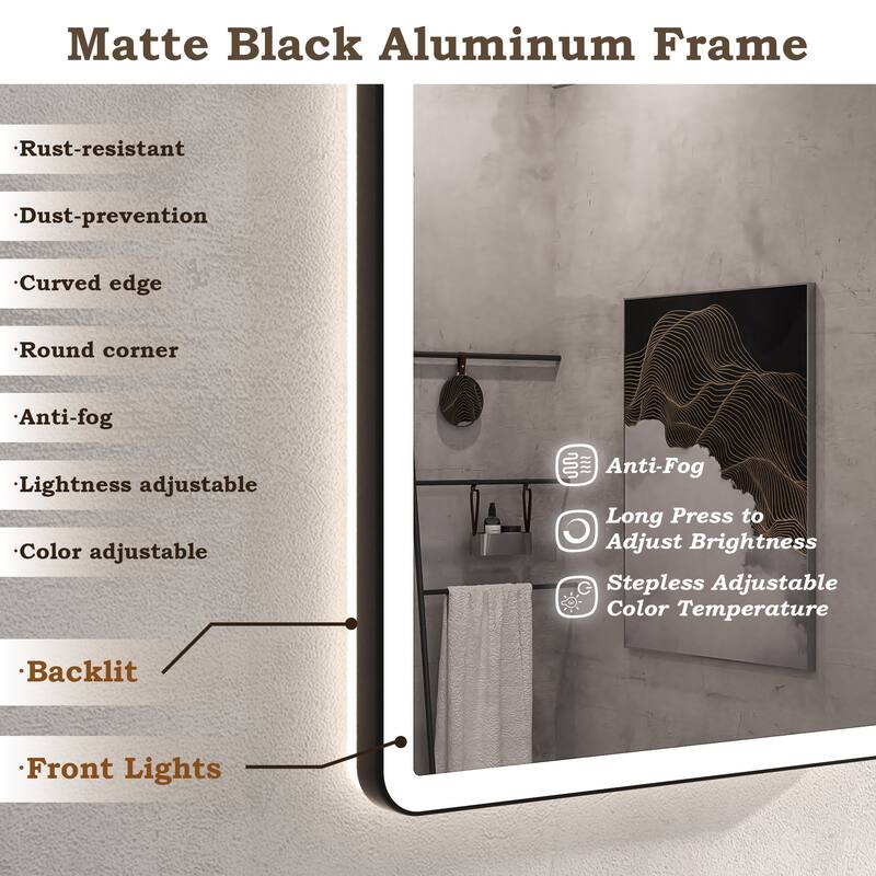 Rectangular Angle Rounded Framed Super Bright LED Wall Mounted Bathroom Vanity Mirror in Matte Black
