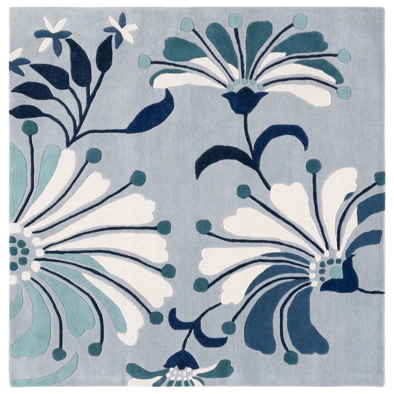 SAFAVIEH, Handmade Soho Renada Floral N.Z. Wool Rug - 6' Square - Blue/Ivory