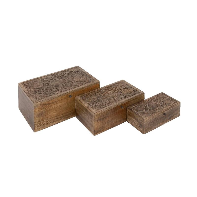 Mango Wood Floral Handmade Decorative Box with Hinged Lid - Set of 3 Brown or White - Roche River Decor - 8", 10", 12"W - Dark Brown - Floral Carvings