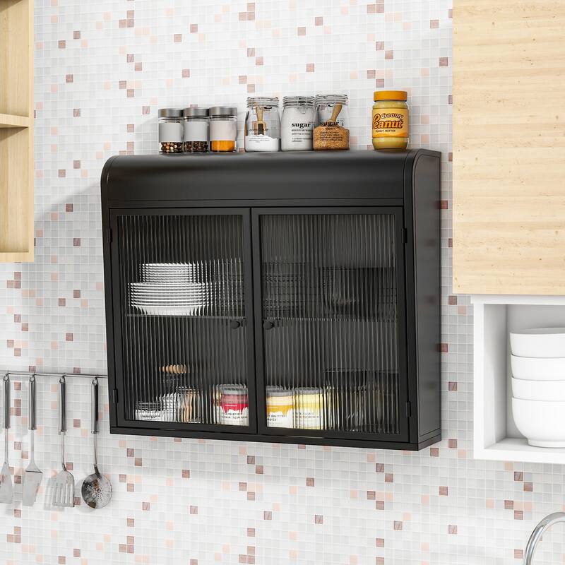 2-Door Wall-Mounted Metal Storage Cabinet with Tempered Glass Doors & Shelves for Bathroom, Kitchen, Living Room & Office - Antique Black