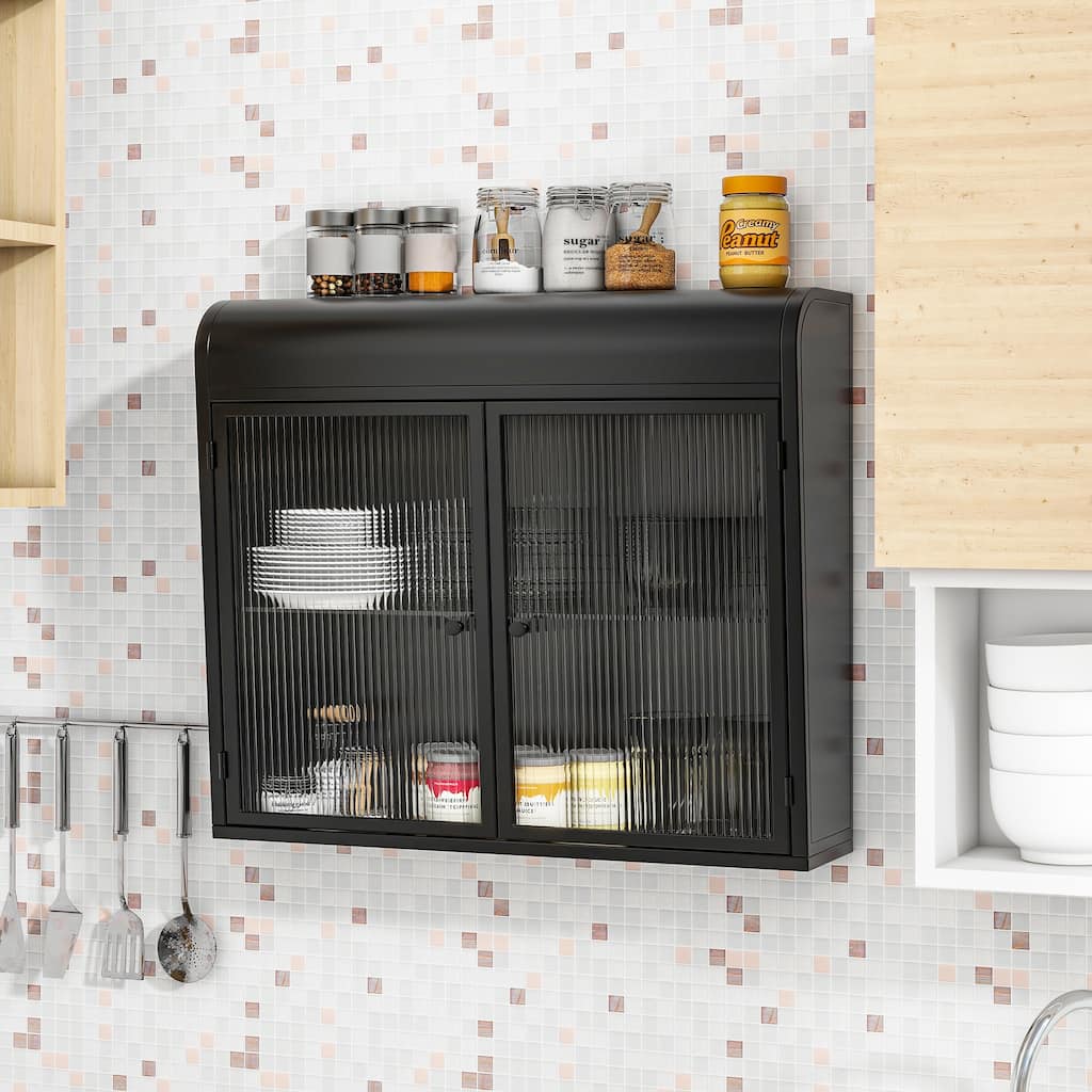 Bathroom Wall Cabinet with Fluted Glass Doors, Kitchen Storage Cabinet with Adjustable Glass Shelves