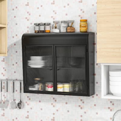 Wall-Mounted Storage Cabinet with 2 Glass Doors & Shelves, Retro Metal Bathroom Cabinet for Bathroom, Kitchen