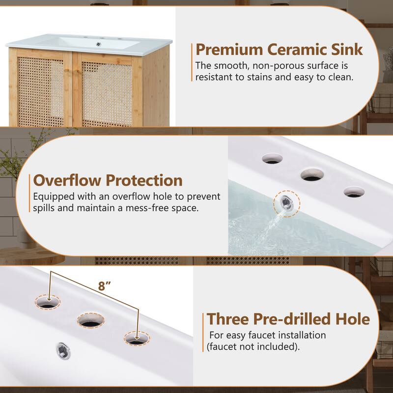 Roomfitters 30" Bathroom Vanity with Ceramic Sink, Handmade Rattan Doors and Soft-Close Hinges, Wood