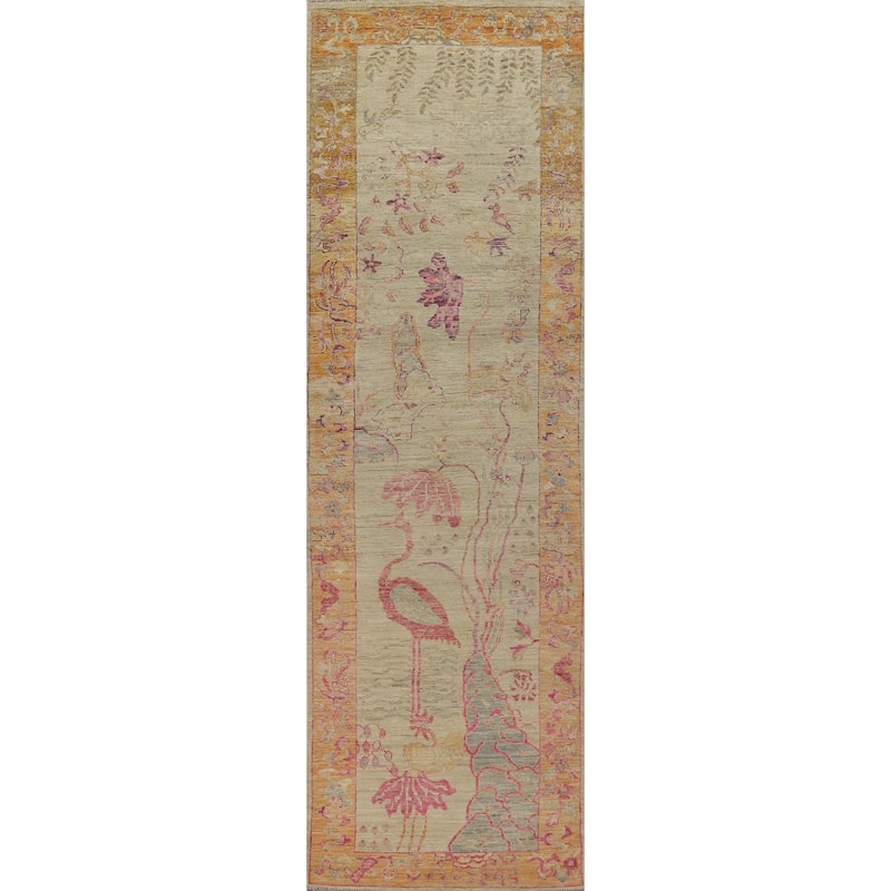 Animals Pictorial Art Deco Turkish Runner Rug Handmade Wool Carpet - 2'10" x 13'0"
