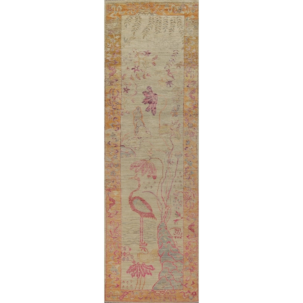 Hand Knotted Oriental 100% Wool Carpet Traditional Animal Pictorial Beige & Ivories Art Deco Runner Rug - 13' 0'' X 2' 10''