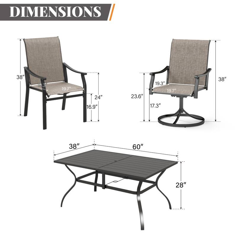 MAISON ARTS 7-Piece Patio Dining Set, 4 Textilene Fabric Armchairs and 2 Textilene Swivel Chairs with Rectangle Metal Table