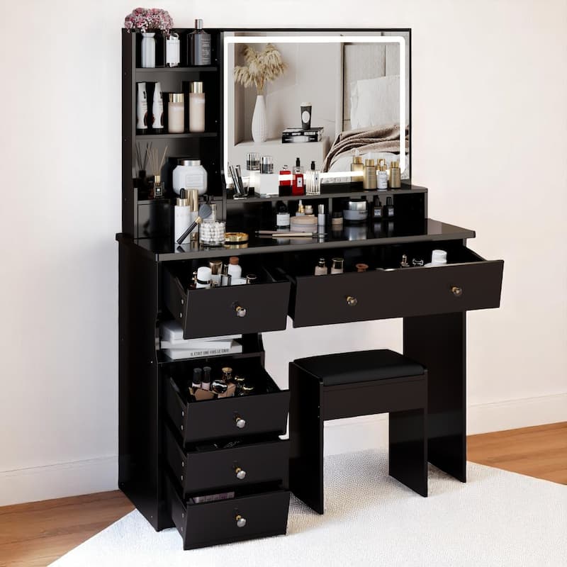 Modern Makeup Vanity Table with 27"x20" Lighted Mirror, 41" Wide Desktop, Left Drawer and Stool, Ideal for Large Rooms