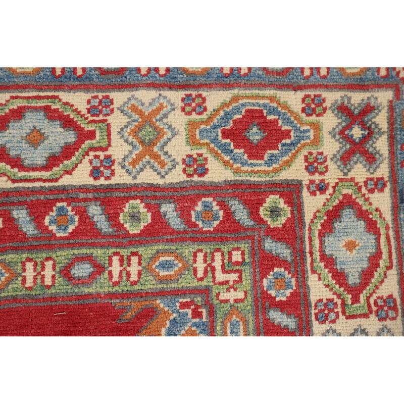 Red Geometric Kazak Area Rug Bedroom Hand-Knotted Wool Carpet - 4'8" x 7'2"