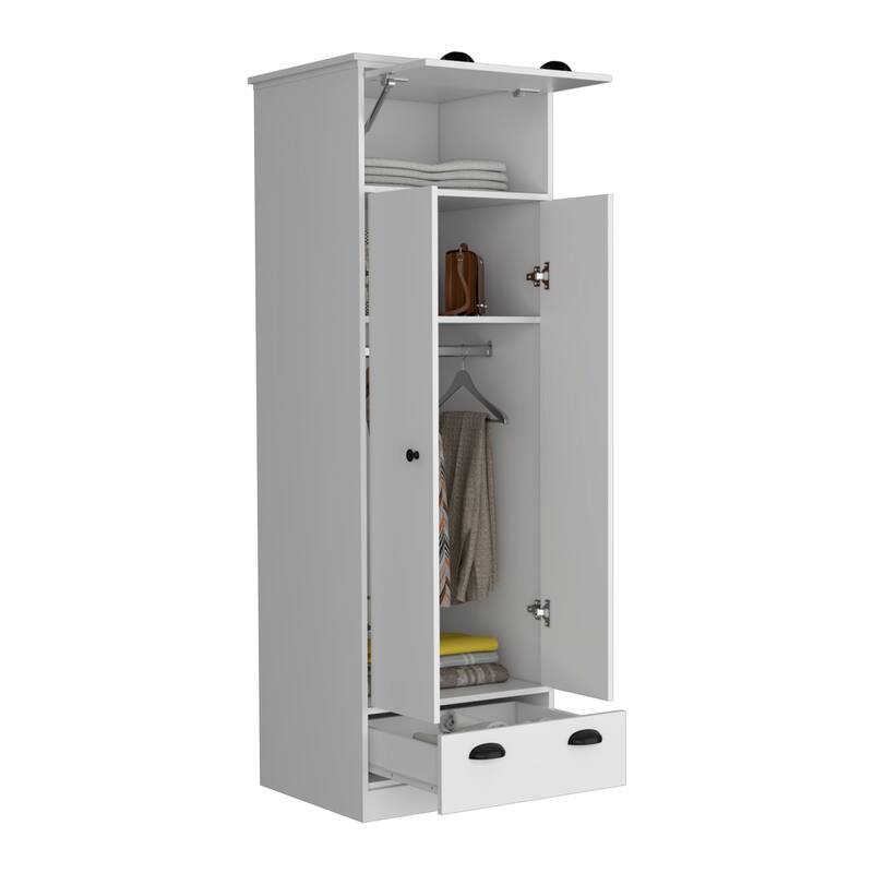 23.3" Modern Armoire with Hanging Rod, 1 Drawer and 1 Hinged Drawer for Bedroom