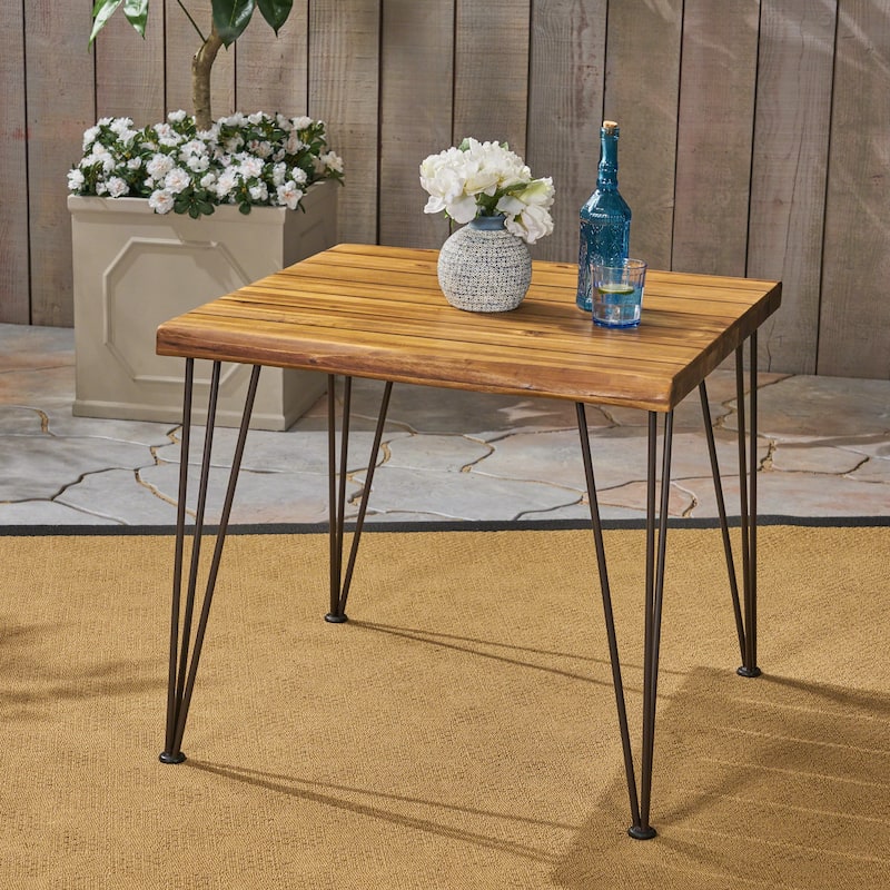Industrial Wood Dining Table 32.5 Inch Teak Outdoor Metal Hairpin Legs - Teak