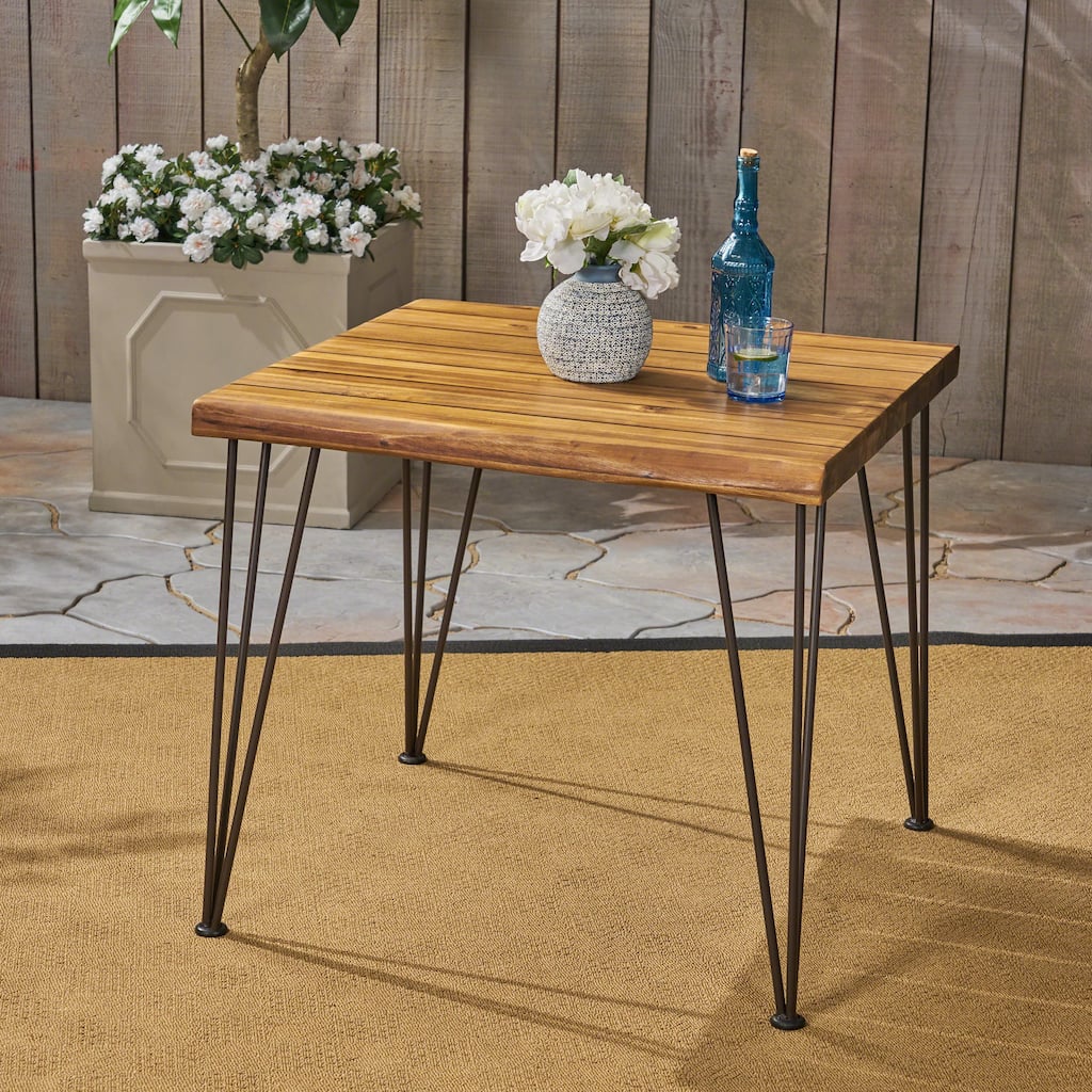 Roomfitters Zion 32.5-Inch Modern Industrial Outdoor Dining Table, Solid Acacia Wood Top with Metal Hairpin Legs, Teak