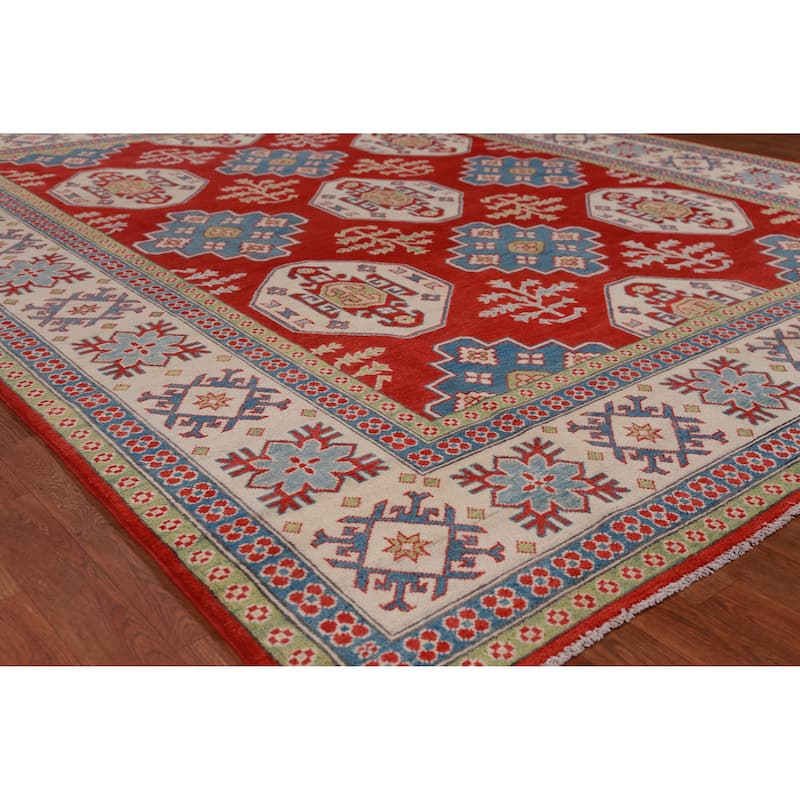 Hand Knotted Oriental 100% Wool Carpet Traditional Geometric Red Kazak Area Rug - 9' 6'' X 8' 0''