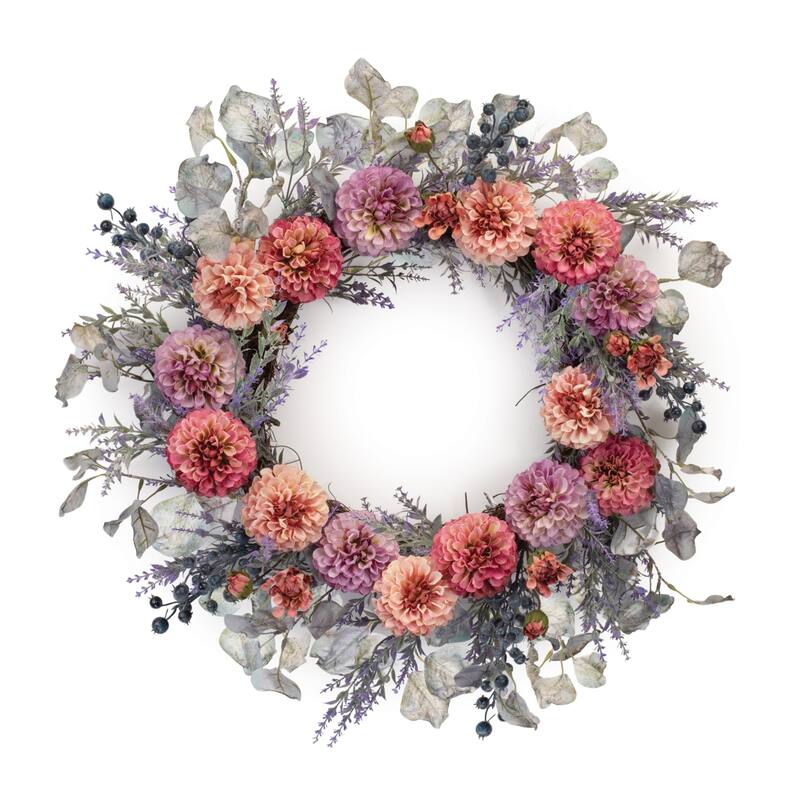 Mixed Zinnia Twig Spring Floral Wreath - 24" - Pink and Purple