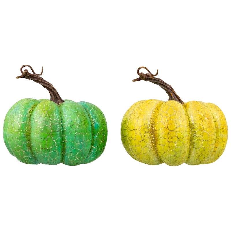 2 Green Gold Crackle Fall Harvest Tabletop Thanksgiving Pumpkins, 5"