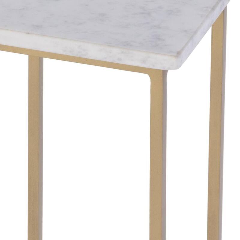 HomeRoots 21" White and Gold Distressed Marble and Iron Square End Table - 9.00 in. x 21.00 in. x 9.00 in.