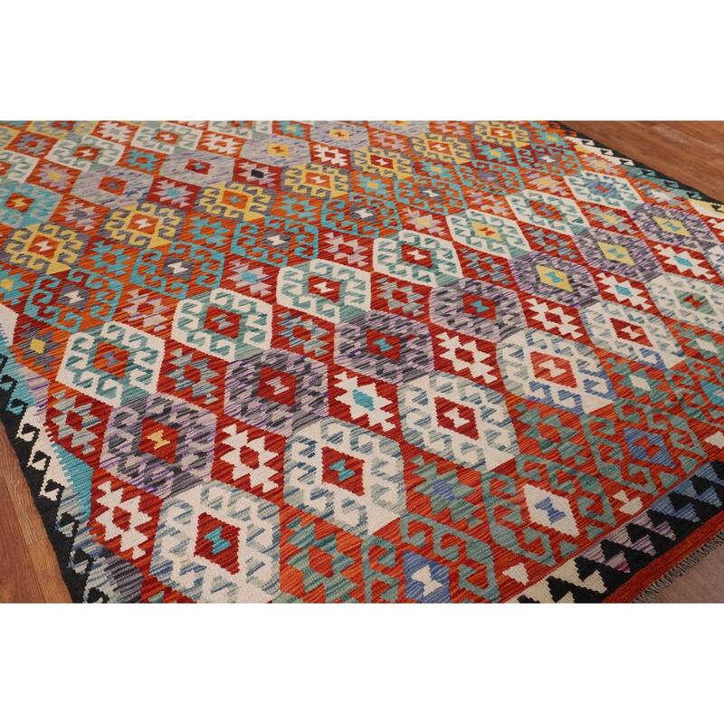 Reversible Kilim Area Rug Hand-Woven Geometric Oriental Wool Carpet - 8'1" x 9'9"
