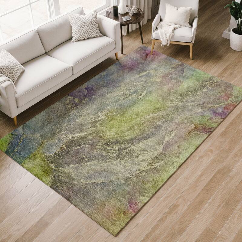 Machine Washable Indoor/ Outdoor Abstract Watercolor Chantille Rug