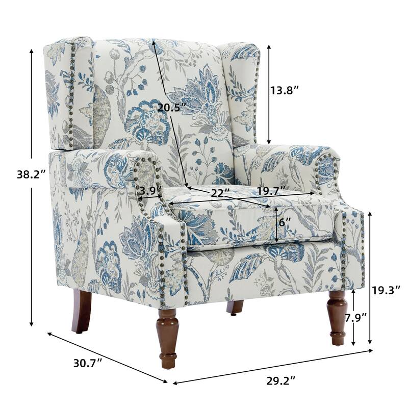 2 Set Transitional Patterned Wingback Accent Chairs with NailHead