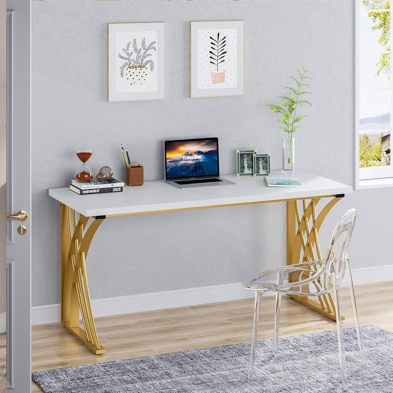 Modern Gold/White Computer Desk, 55 inch Dining Table with Gold Legs, Vanity Table, Conference Table