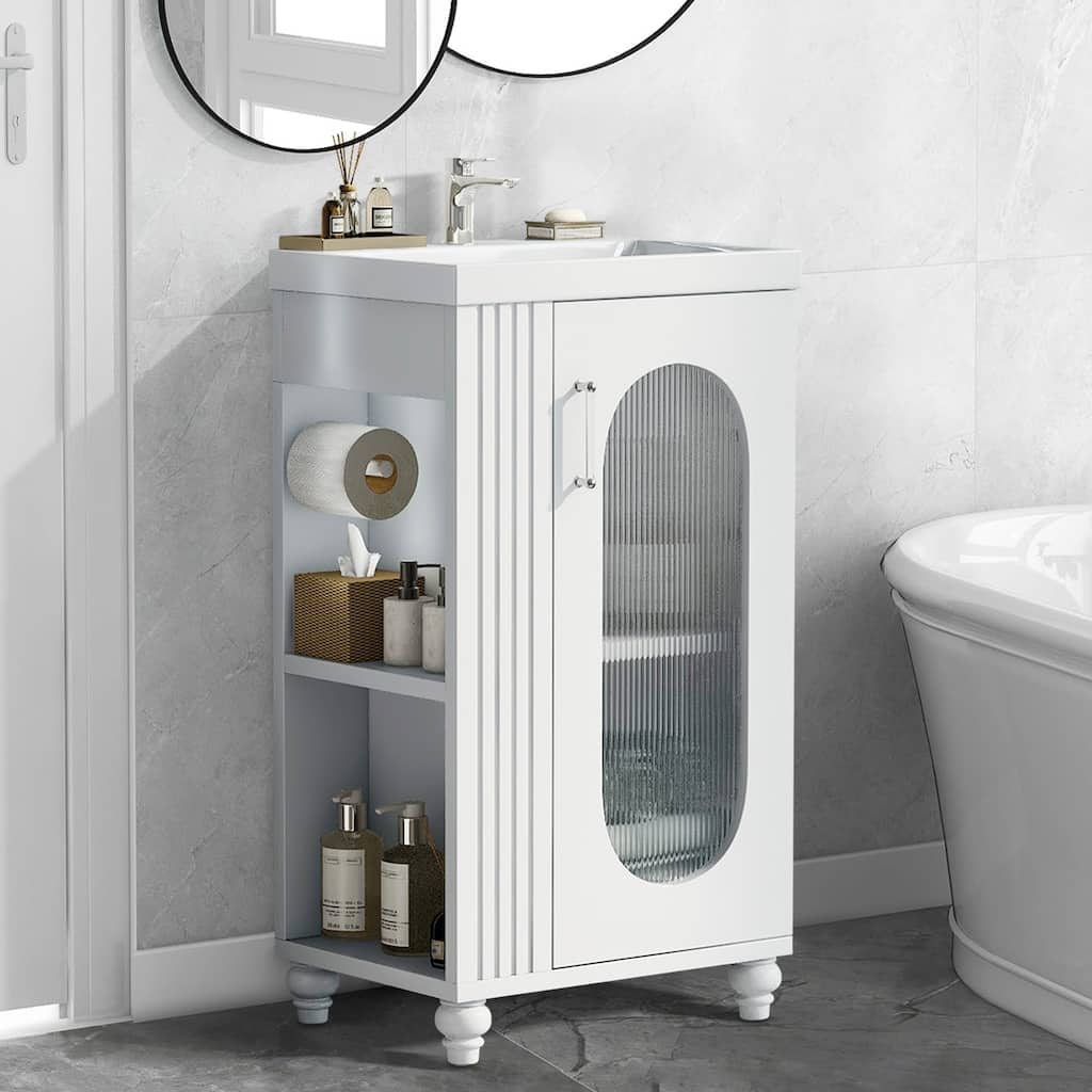 20" Bathroom Vanity with Ceramic Sink,Two-tier Shelf,Adjustable Shelf,Solid Wood and MDF
