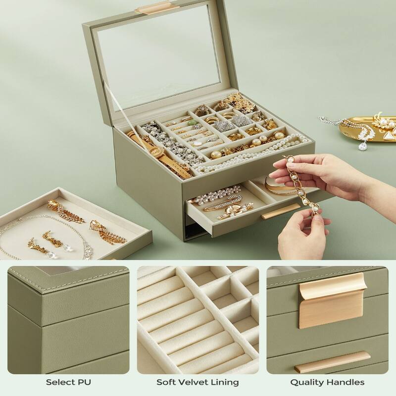 Modern Jewelry Organizer with Multiple Drawers Glass Top and Velvet Interior for Storage
