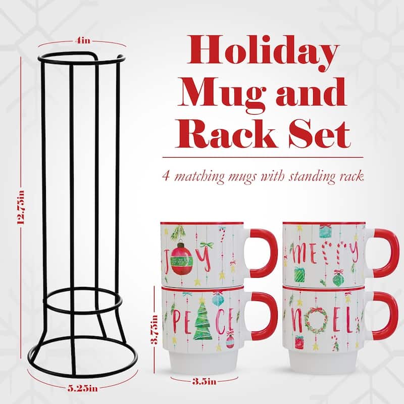 American Atelier Christmas 4 Ceramic Mugs and Rack Set