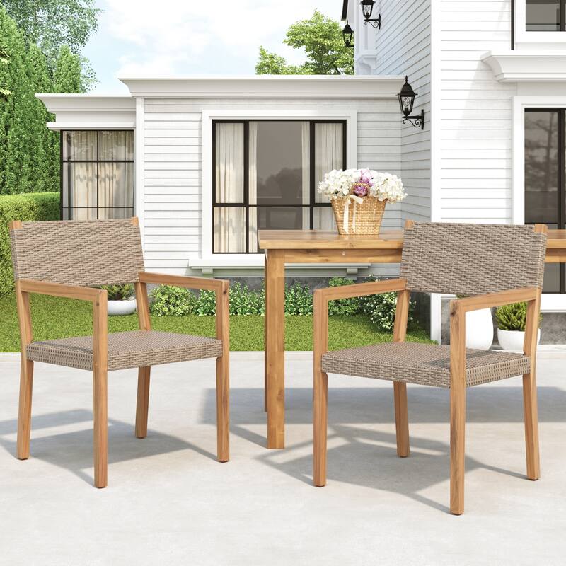 Outdoor Dining Chairs Set Of 2, Light Teak Acacia Wood Frame And Multi Light Brown Pe Wicker, Ideal For Patios,Gardens - Light Brown Multi+Light Teak