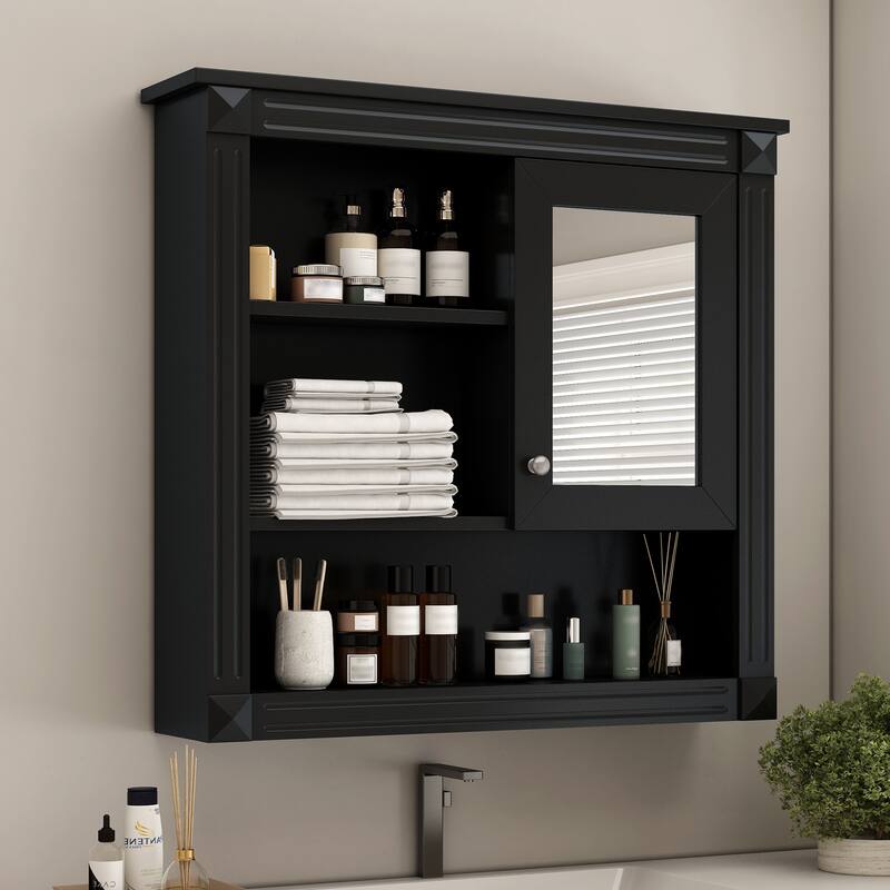 GDFStudio - Wilford Modern Wall-Mounted Bathroom Storage Cabinet with Mirror Door and Adjustable Shelves - 32"W