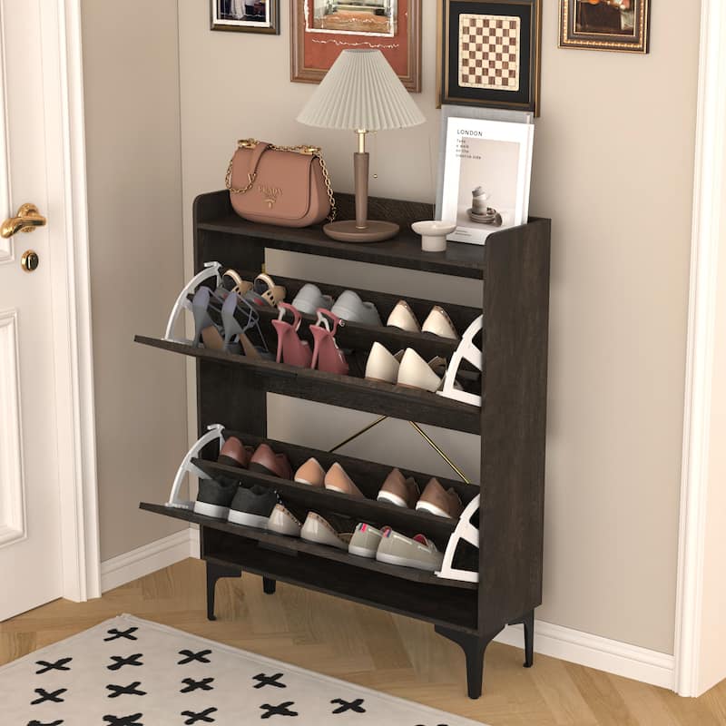 Shoe Cabinet with 2 Flip Drawers& Open Shelves,Modern Entryway Shoe Storage