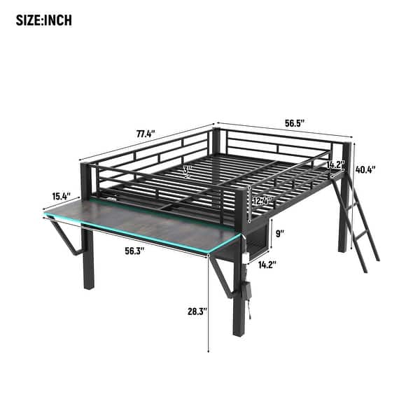 Functional Design Metal Loft Bed with Ladder, Guardrail, Built-in Desk, Storage Shelf and LED Light, Full, Black