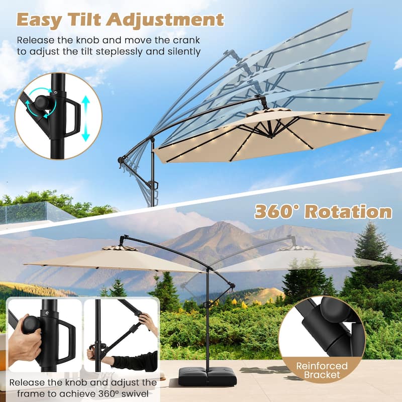 Gymax 10 FT Solar Offset Hanging Umbrella Patio Cantilever Umbrella w/