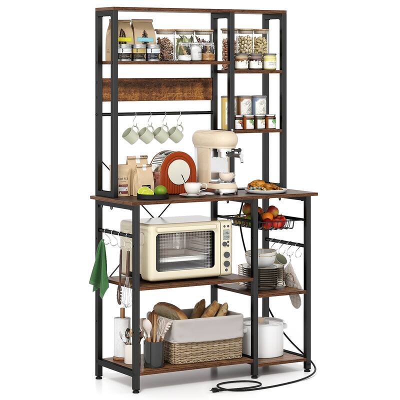 Gymax Bakers Rack w/ Power Outlet 6-Tier Microwave Stand w/ Wooden - Rustic Brown, Black