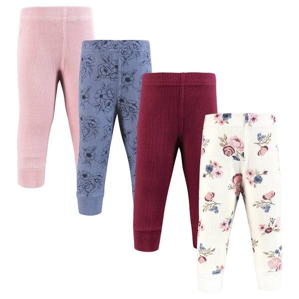 slide 1 of 1, Hudson Baby Infant Girl Thermal Tapered Ankle Pants 4pk, Dusty Rose Floral 0-3 Months - Dusty Rose Floral