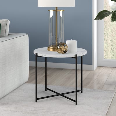 Loretta 23.63" Wide Round Side Table with Faux Marble Top