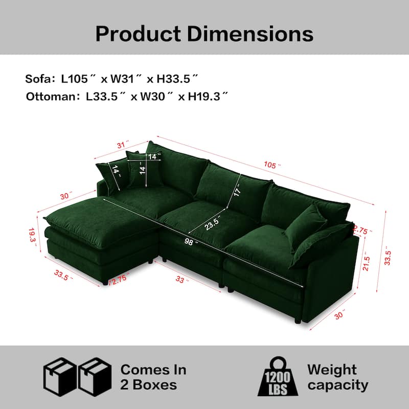 Chenille Upholstered L-shaped Sectional Sofa 3 Seater Modular Couch with Ottoman, Pillows and Double Layer Seat Cushions